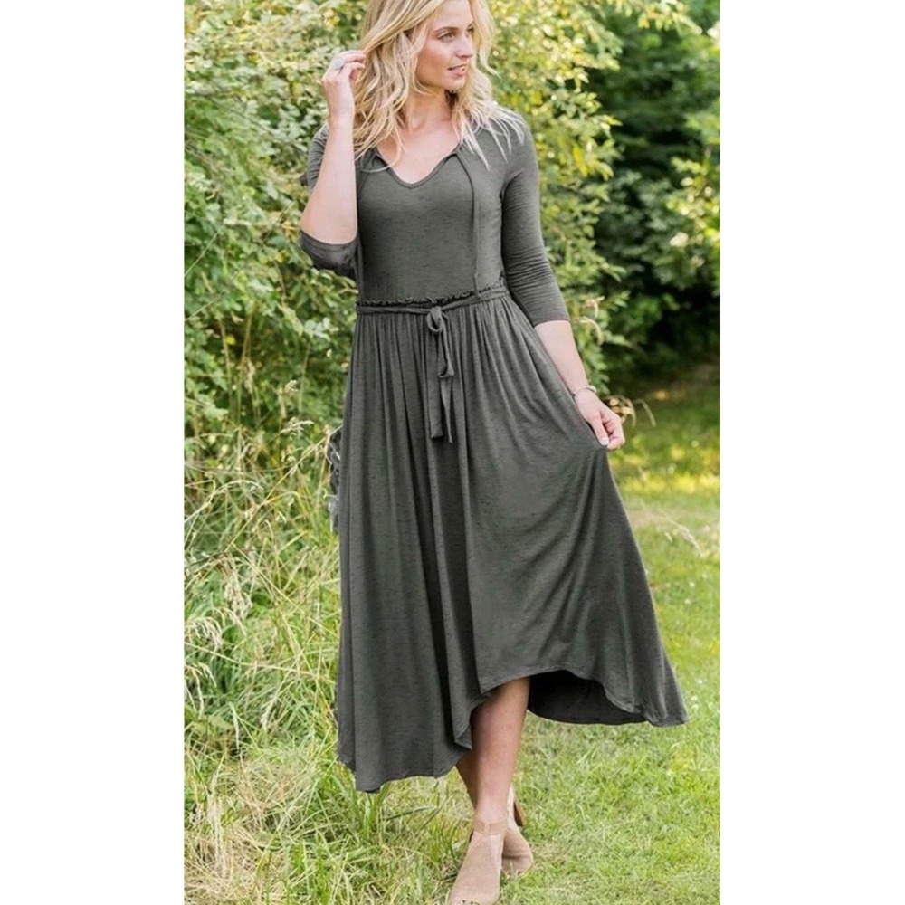 New Matilda Jane GO WEST MAXI  Dress Women's Small S‎ Gray Soft Rayon Waist Ties